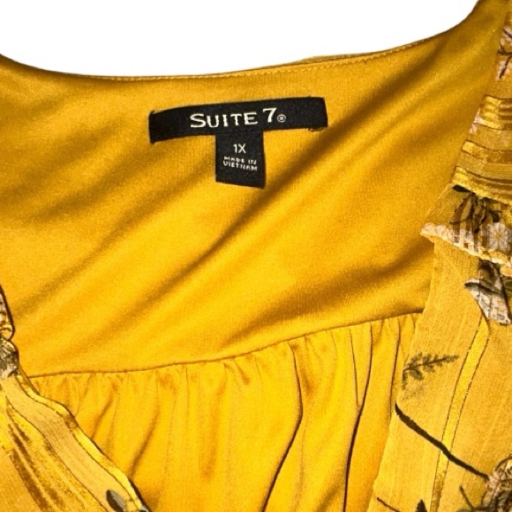Plus Size Golden Yellow Floral Striped Bird V-Neck Midi Dress 1X EUC - Picture 6 of 7